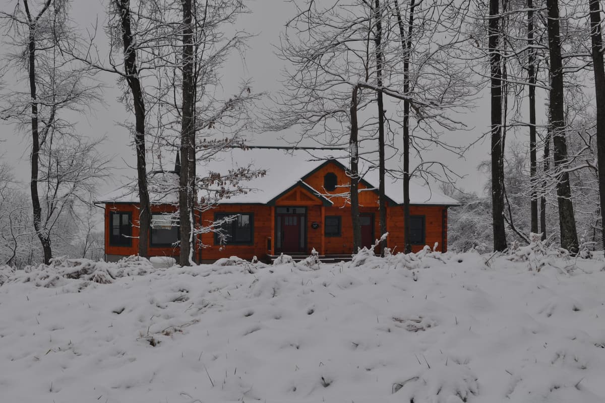 The finished house straight on in deep snow, green roof white with it, the ground unbroken in front.