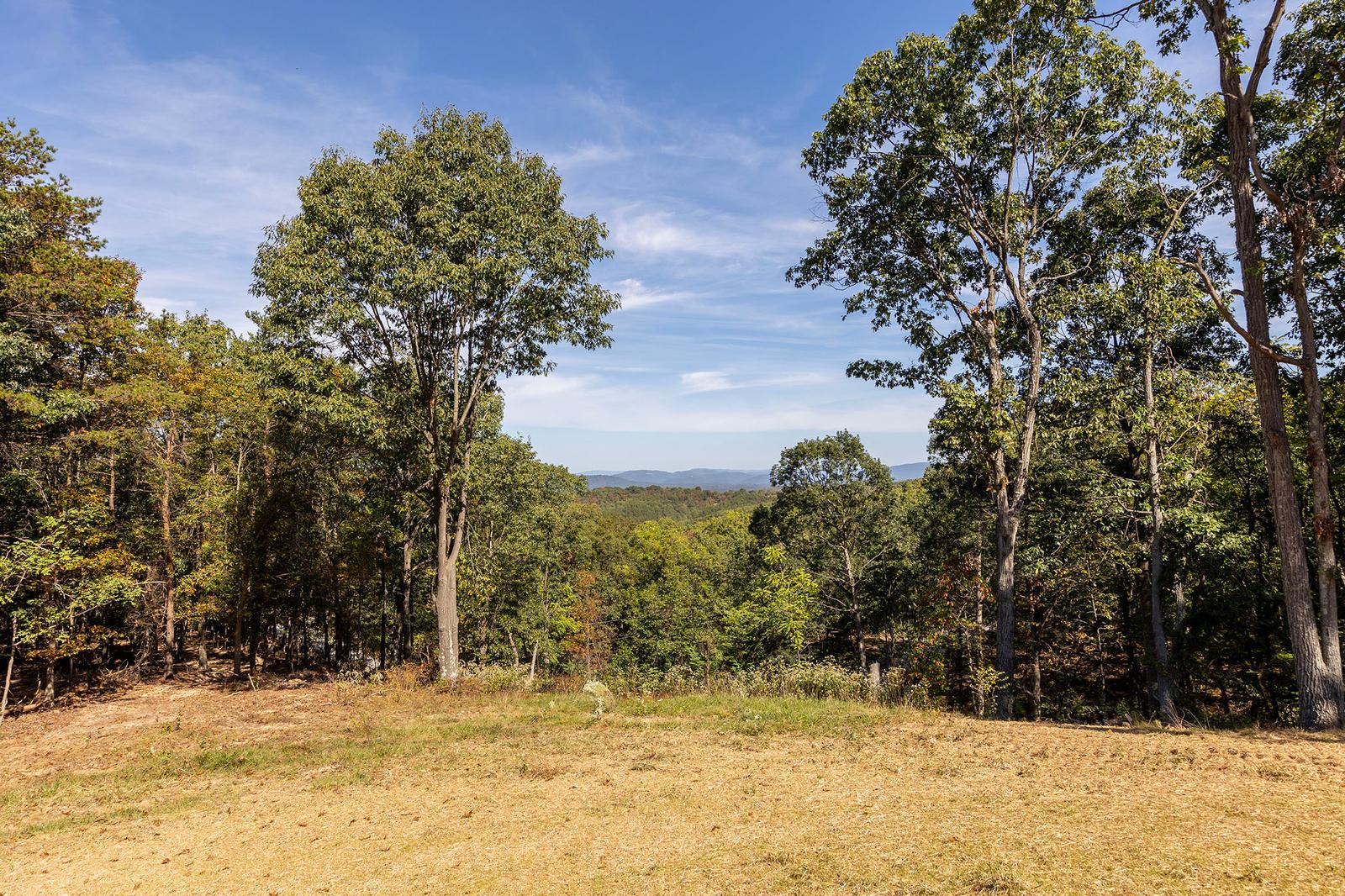 View from a mown clearing through hardwood trees toward layered mountain ridges
