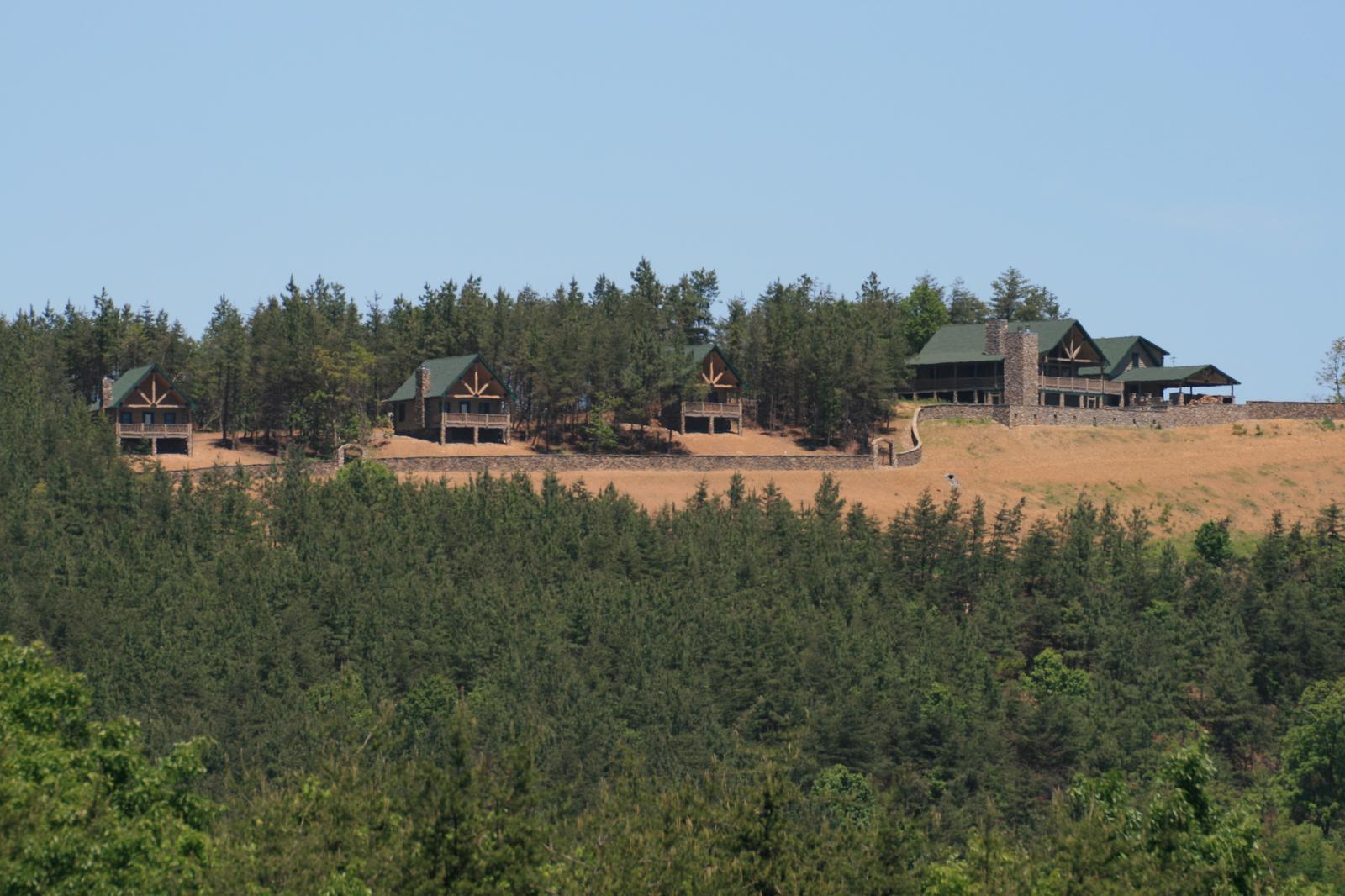 Four houses spaced along a cleared ridge, seen across a valley of young evergreens, each one set back against the treeline