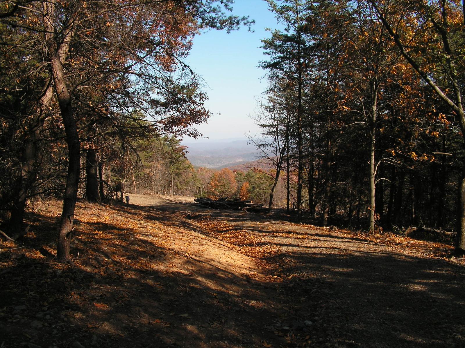 A cleared shelf of ground cut into a hillside under bare trees, the land falling away to a hazy valley beyond