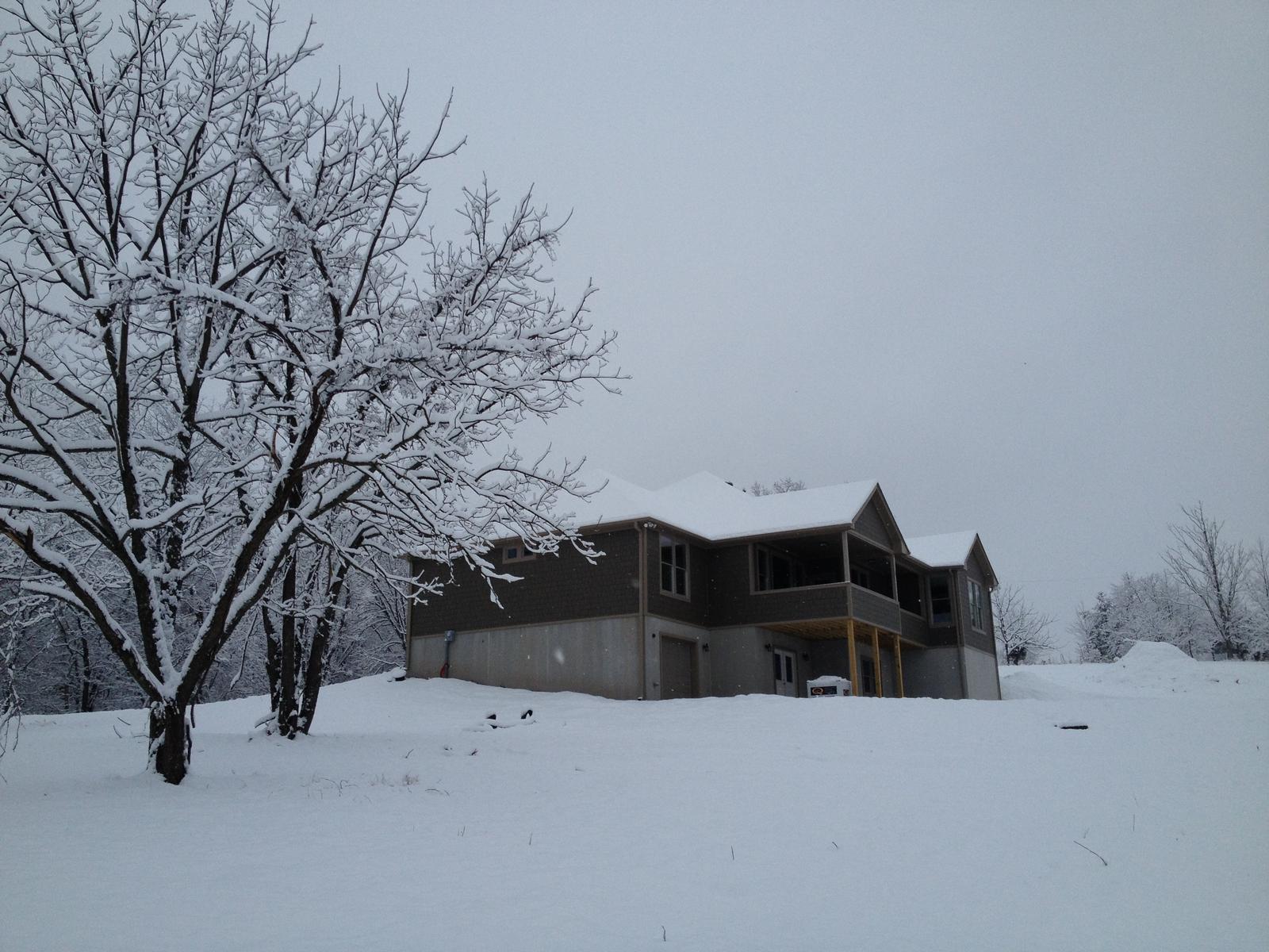 The house seen through a snow-laden tree from across the field, a winter sky behind