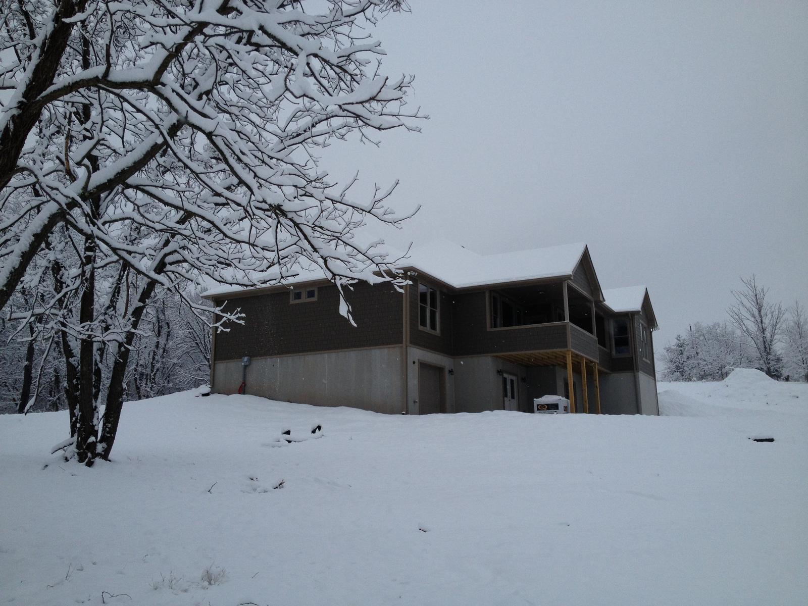 The house from the field under falling snow, bare branches heavy in the foreground