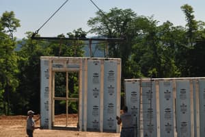 A precast basement panel with a window opening hangs from the crane while two of the crew wait to set it on the gravel pad.