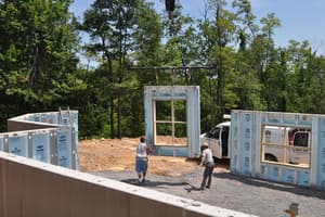 A panel with a window opening swings in on the crane toward the growing ring of basement walls on the gravel pad.