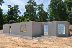 The finished basement from the corner: gray precast walls, blue insulation showing at the joints, the house footprint now readable on the ground.