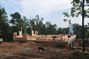 The lowest courses of log wall stacked on the subfloor deck while workers set timbers, a dog crossing the bare dirt in front.