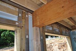 A framed opening at the lower level corner, a built-up beam meeting the joists above and the foundation's steel studs and insulation alongside.