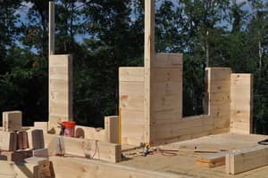 The walls higher, door and window openings framed by the log courses, posts up for the roof to land on.