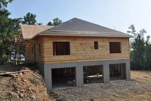 Dried in — shingles on, windows in, the garage bays open in the lower level and fresh dirt still around the house.