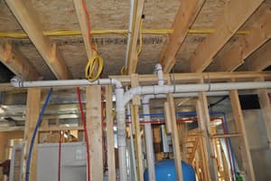 Plumbing and mechanical rough-in below the floor framing: white drain lines, red and blue supply tubing, ductwork, and a blue pressure tank.