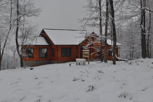The finished log home in snow, a white utility tank on a pad near the front wall and snow lying over the roof, the yard and the bare trees around it.