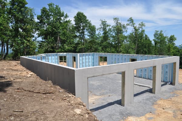 The basement walls complete and open to the sky — a full precast perimeter with window and door openings, seen down the length of the house.