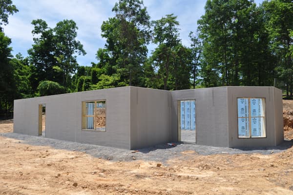 The finished basement from the corner: gray precast walls, blue insulation showing at the joints, the house footprint now readable on the ground.