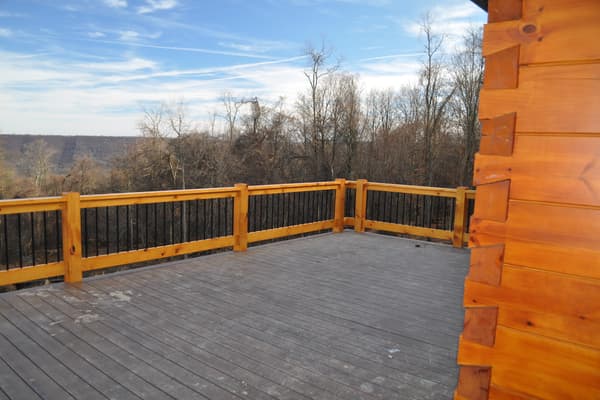 The deck, looking out over the valley through bare trees, a yellow rail across the front.