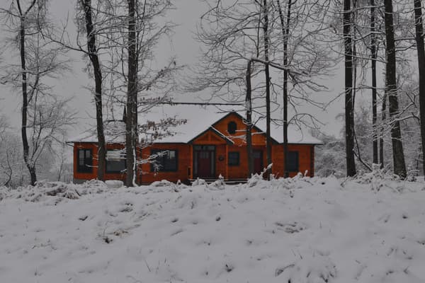 The finished house straight on in deep snow, green roof white with it, the ground unbroken in front.
