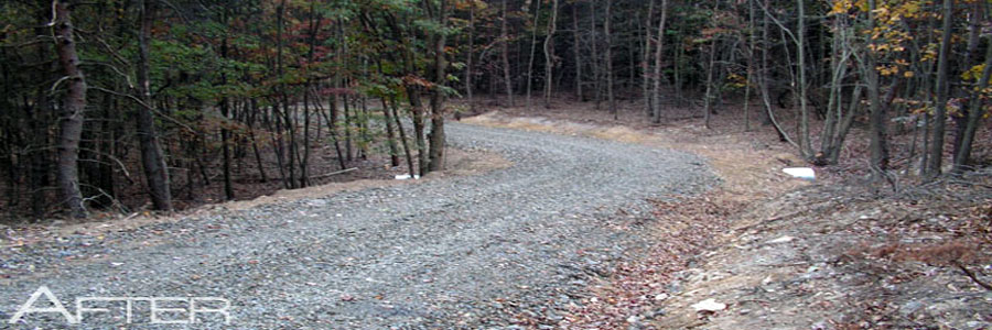 A finished gravel drive curving away through the woods, shoulders graded either side
